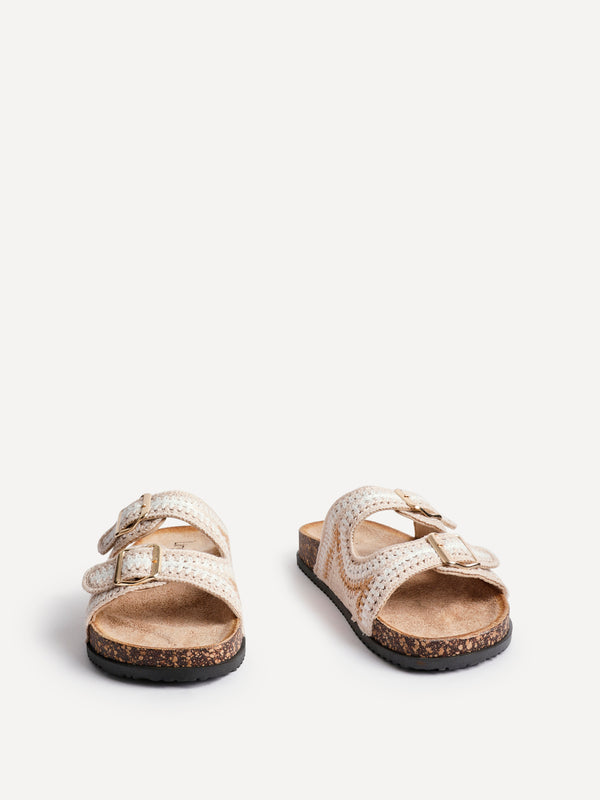 Linzi Beige Woven Double Buckle Footbed Sandal