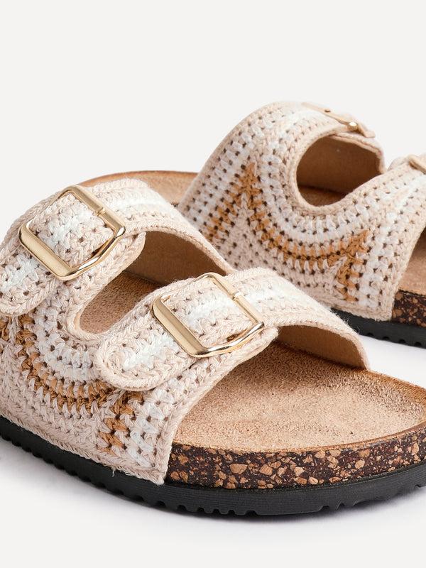Linzi Beige Woven Double Buckle Footbed Sandal