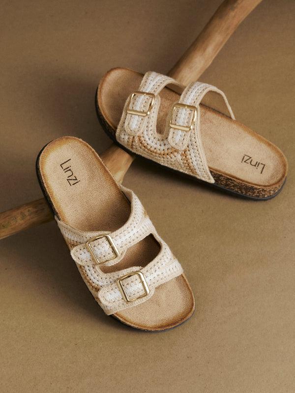 linzi Beige Woven Double Buckle Footbed Sandal
