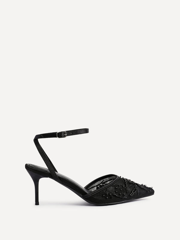 Linzi Black Beaded Mesh Court Heels