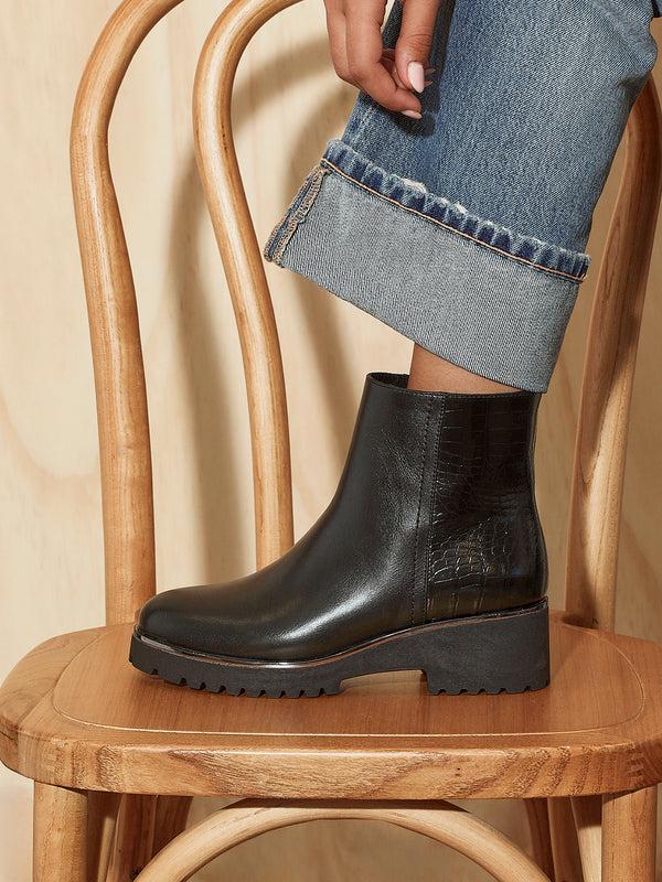 linzi Black Croc Mix Wedge Ankle Boot