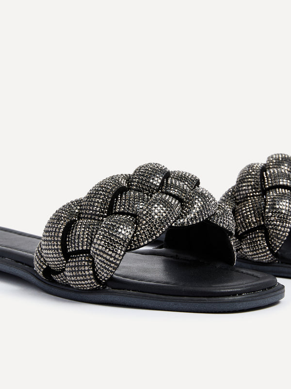 Linzi Black Diamante Plaited Slider Sandal