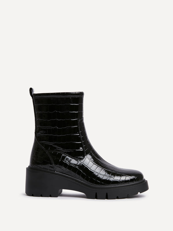 Linzi Black Faux Croc Leather Ankle Boot
