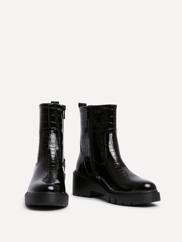 Linzi Black Faux Croc Leather Ankle Boot