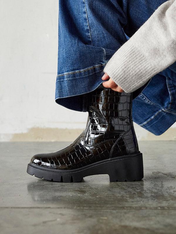 linzi Black Faux Croc Leather Ankle Boot