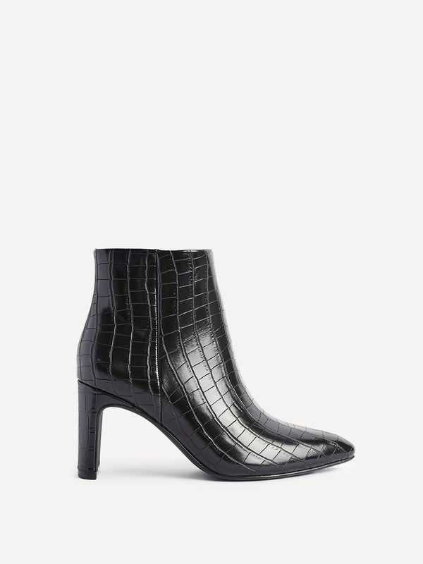 Linzi Black Faux Croc Leather Heeled Ankle Boot