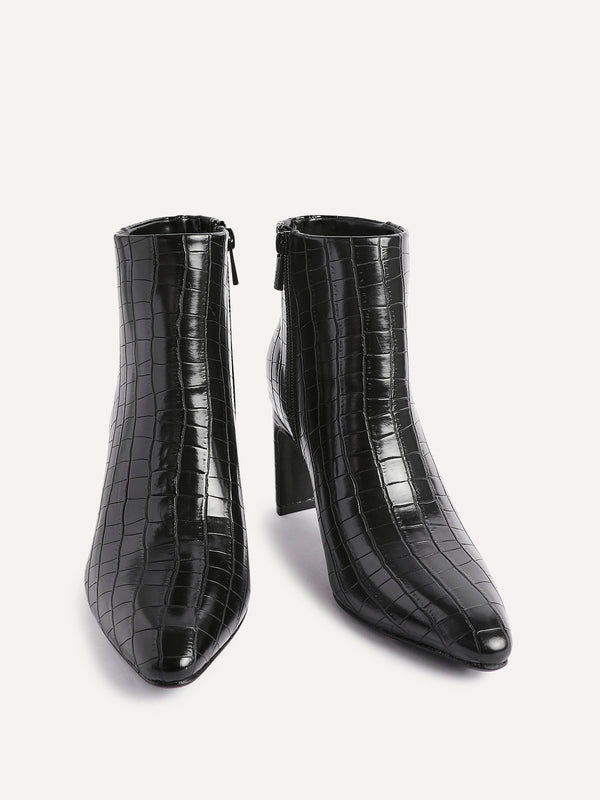 Linzi Black Faux Croc Leather Heeled Ankle Boot