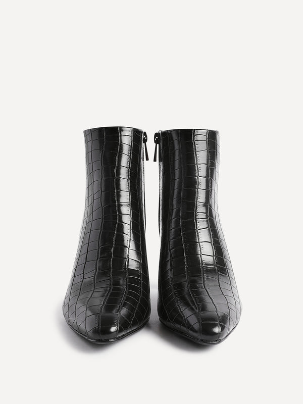 Linzi Black Faux Croc Leather Heeled Ankle Boot