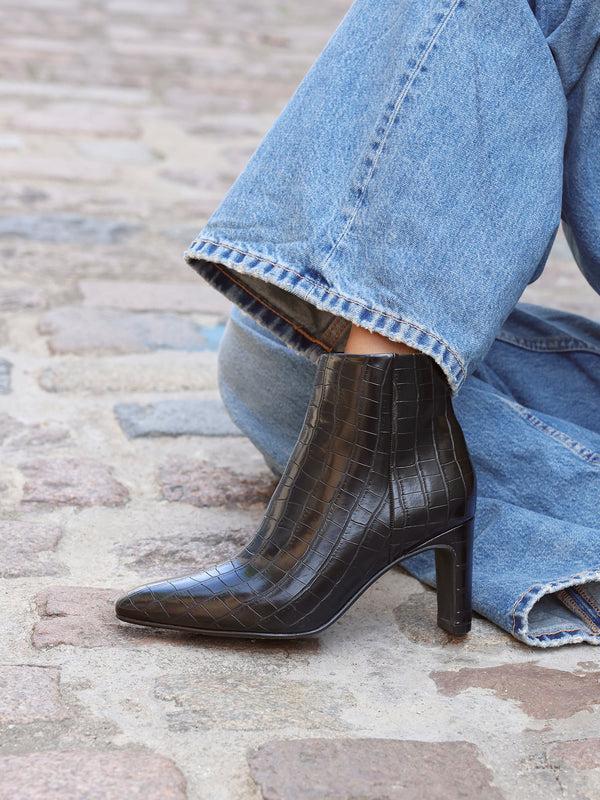 linzi Black Faux Croc Leather Heeled Ankle Boot