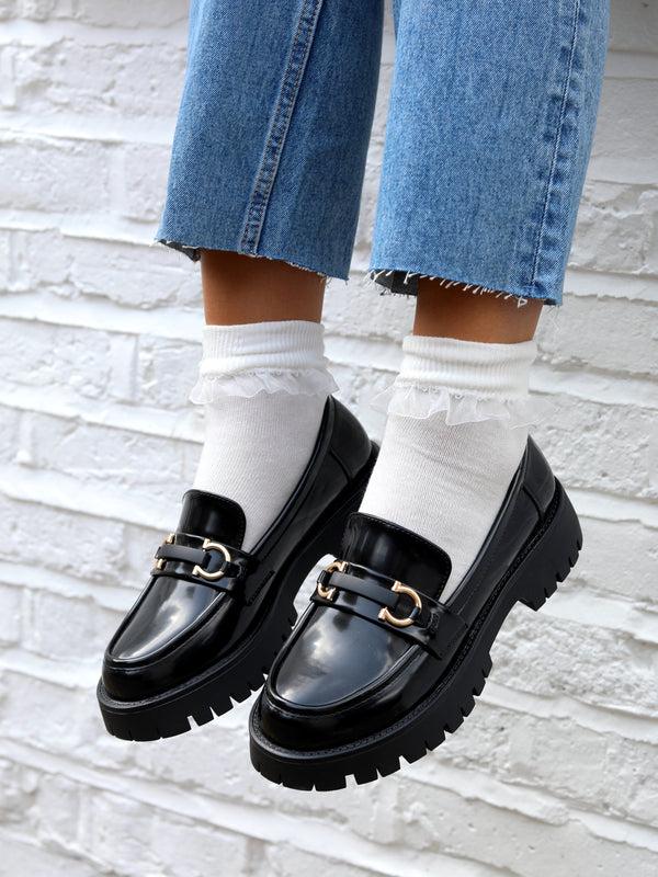 linzi Black Faux High Shine Leather Chunky Loafer