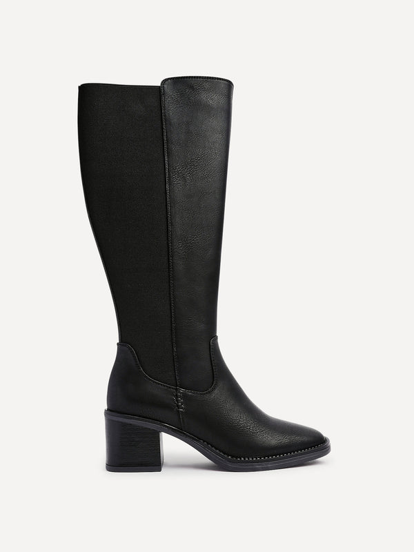 Linzi Black Faux Leather Block Heel High Leg Boot