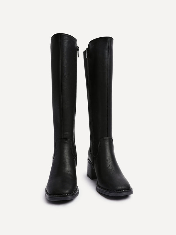 Linzi Black Faux Leather Block Heel High Leg Boot