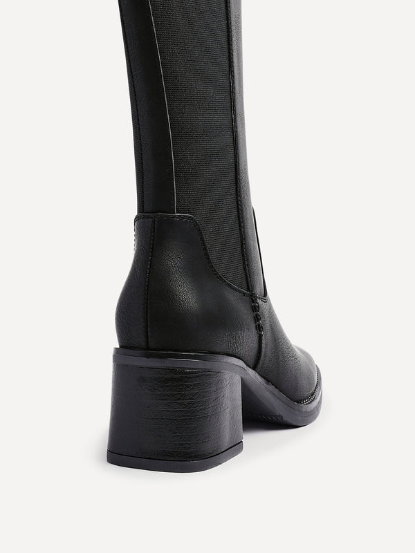 Linzi Black Faux Leather Block Heel High Leg Boot