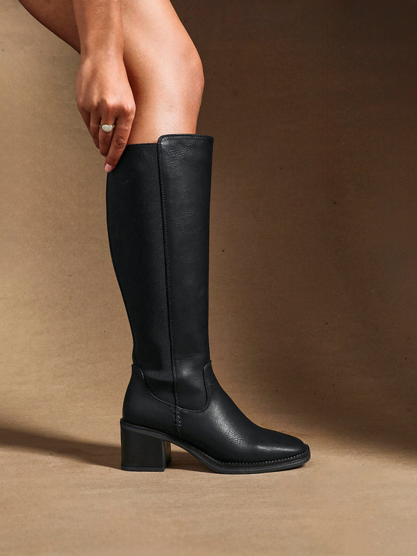linzi Black Faux Leather Block Heel High Leg Boot