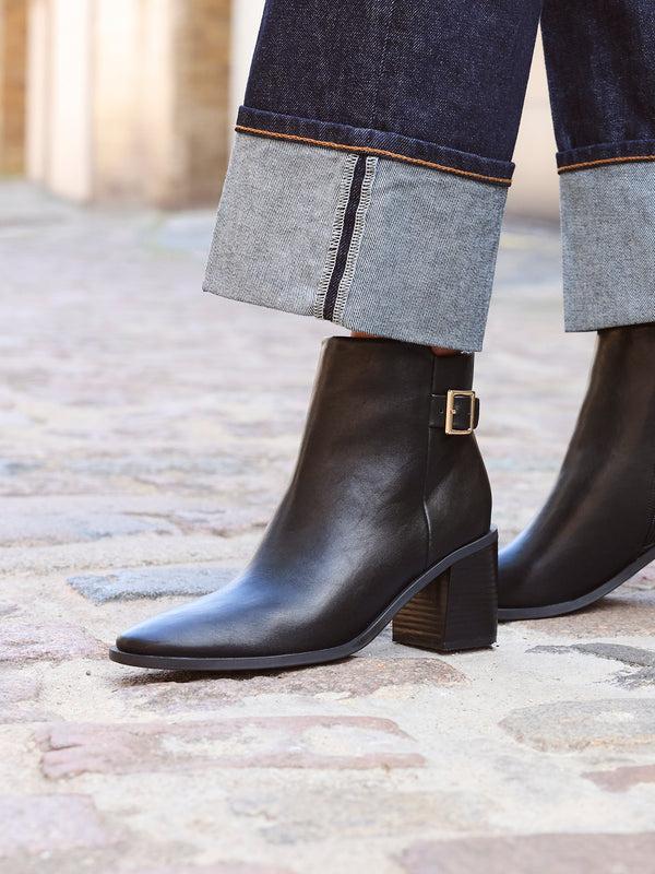 linzi Black Faux Leather Block Heeled Ankle Boot