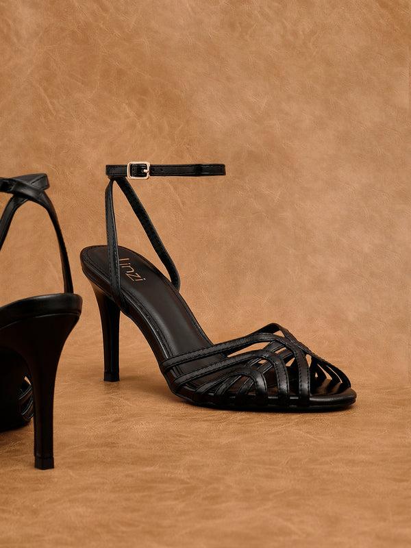 linzi Black Faux Leather Caged Stiletto Heel