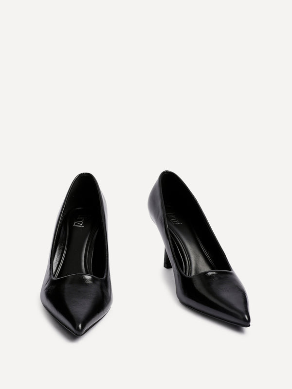 Linzi Black Faux Leather Court Heels