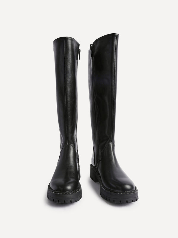 Linzi Black Faux Leather & Croc Knee High Boot