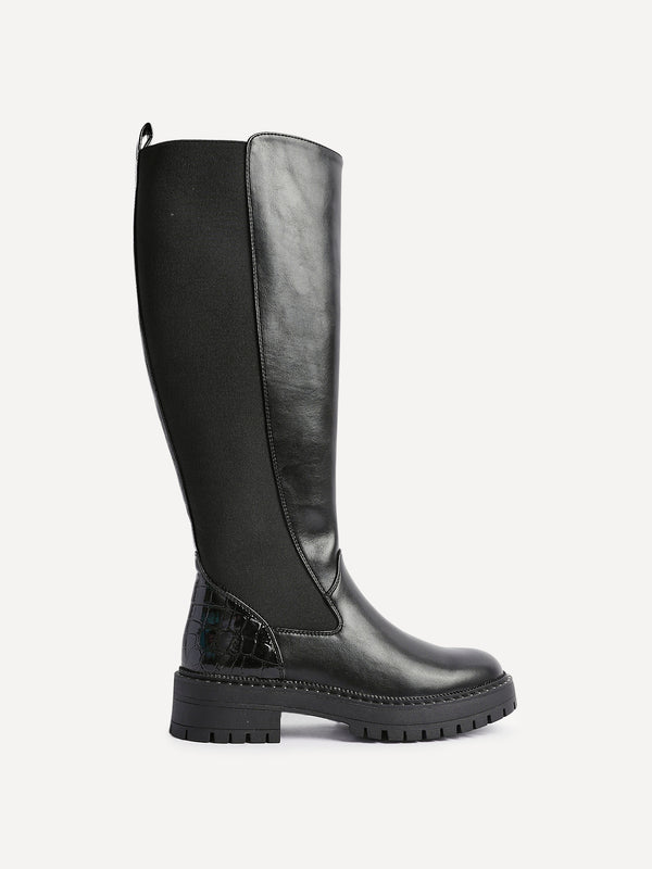 Linzi Black Faux Leather & Croc Knee High Boot