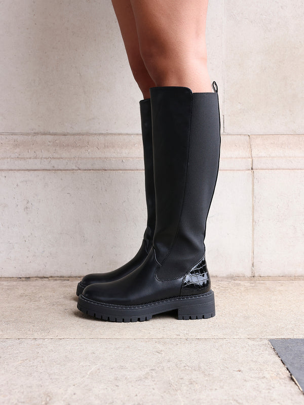 linzi Black Faux Leather & Croc Knee High Boot