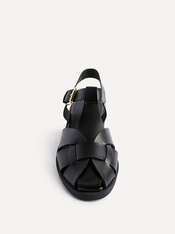 Linzi Black Faux Leather Fisherman Flat Sandal