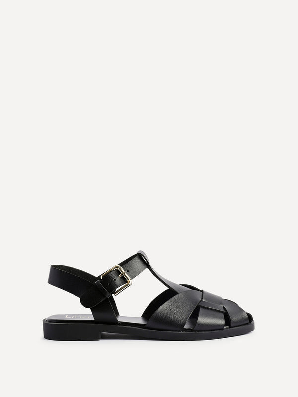 Linzi Black Faux Leather Fisherman Flat Sandal