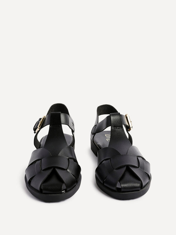 Linzi Black Faux Leather Fisherman Flat Sandal