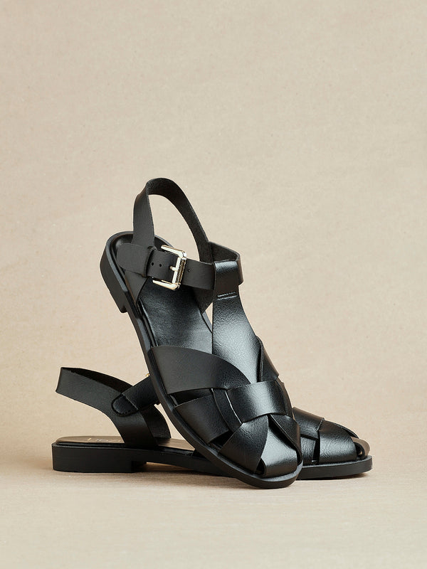 linzi Black Faux Leather Fisherman Flat Sandal