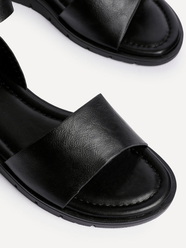 Linzi Black Faux Leather Footbed Two Part Sandal