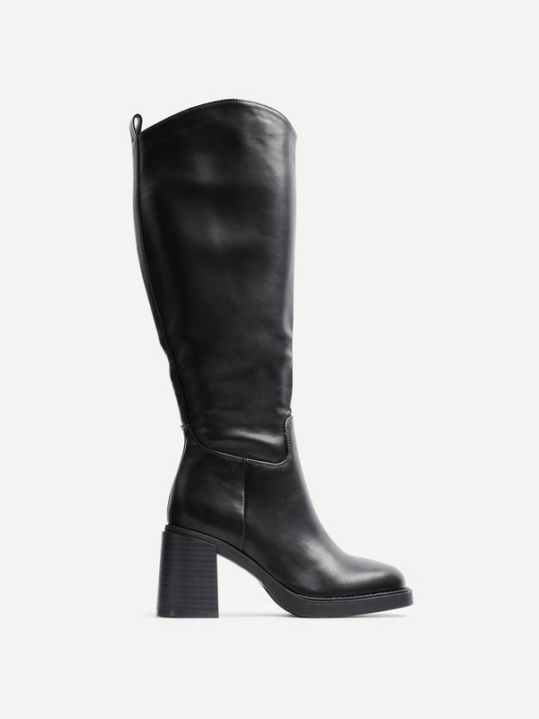 Linzi Black Faux Leather High Leg Heeled Boot