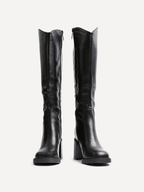 Linzi Black Faux Leather High Leg Heeled Boot