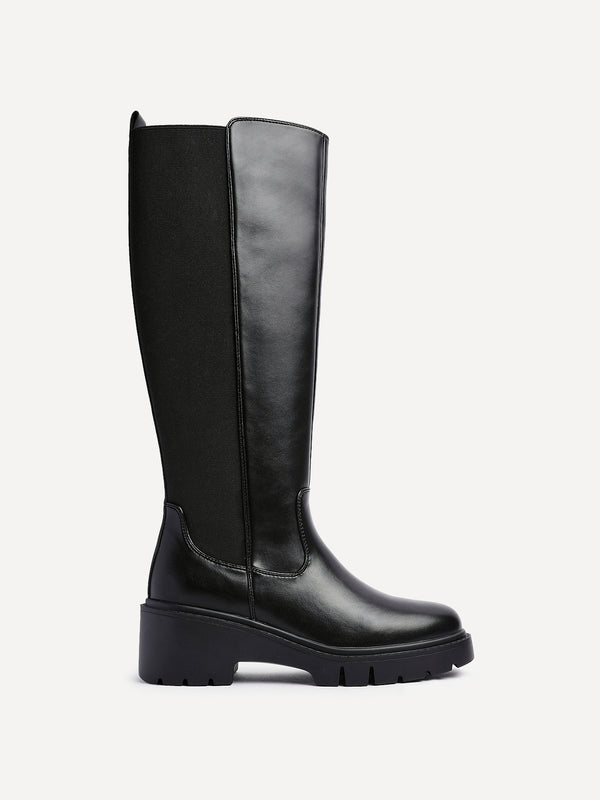 Linzi Black Faux Leather High Leg Wedge Boot