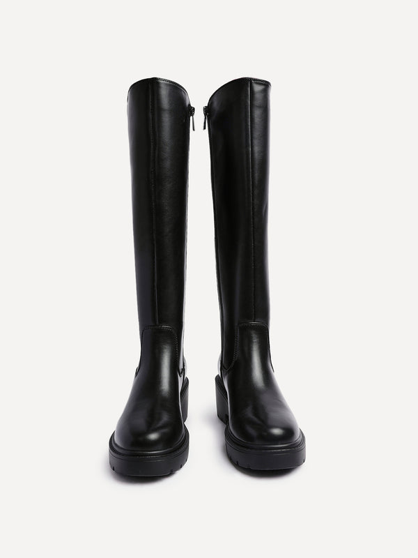 Linzi Black Faux Leather High Leg Wedge Boot