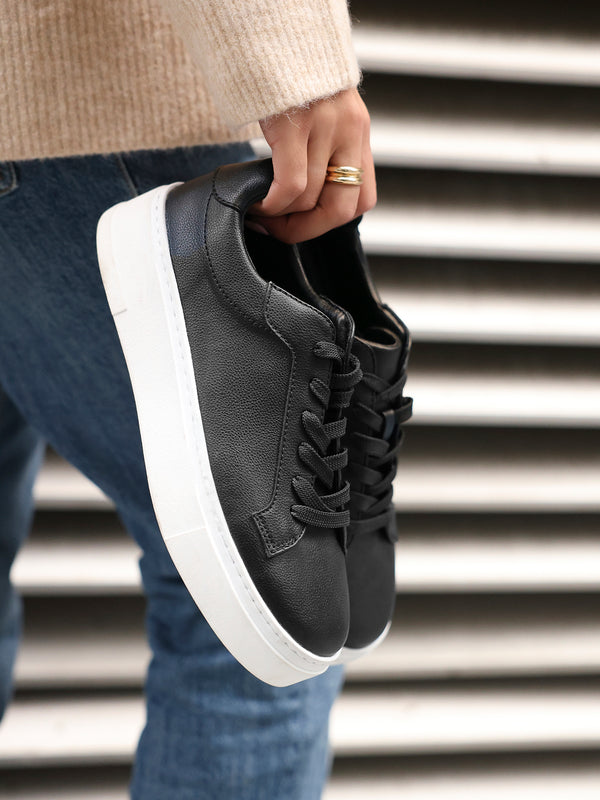 linzi Black Faux Leather Lace Up Flatform Trainers