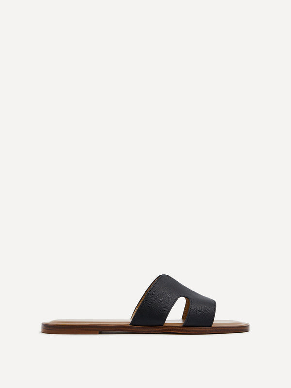 Linzi Black Faux Leather Link Design Flat Sandal