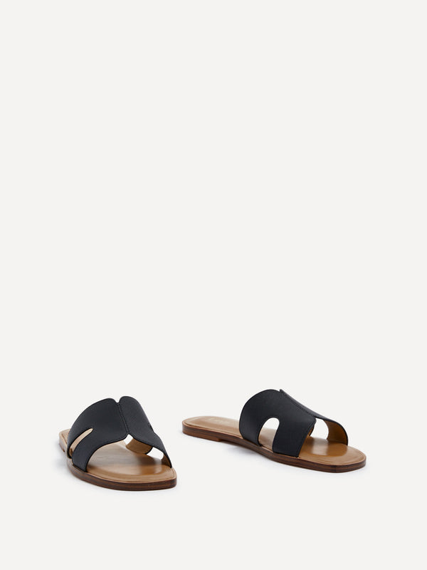 Linzi Black Faux Leather Link Design Flat Sandal