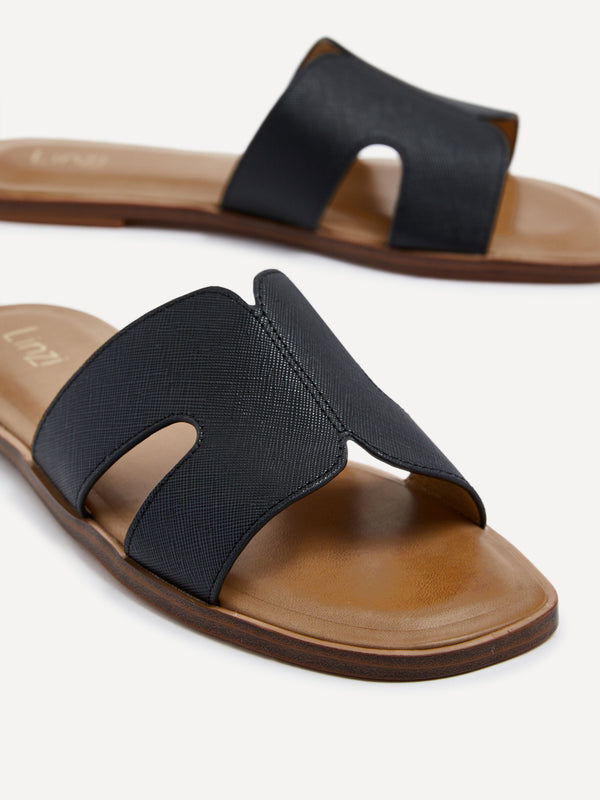 Linzi Black Faux Leather Link Design Flat Sandal
