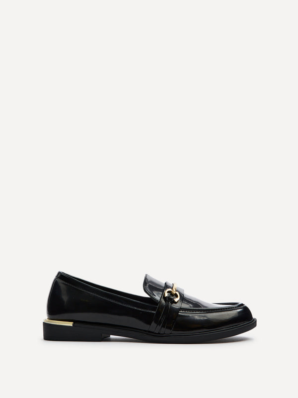 Linzi Black Faux Leather Loafer With Gold Accent