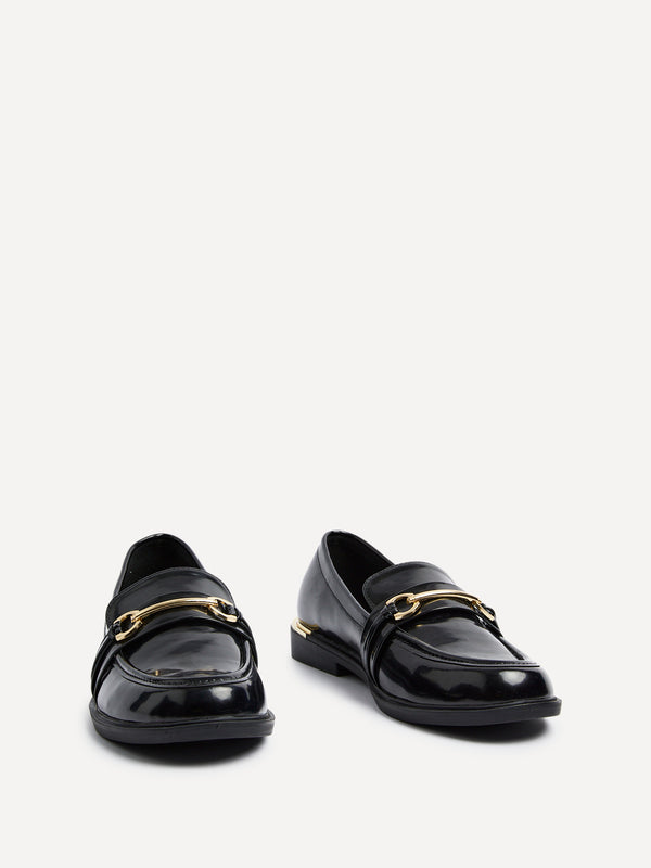 Linzi Black Faux Leather Loafer With Gold Accent