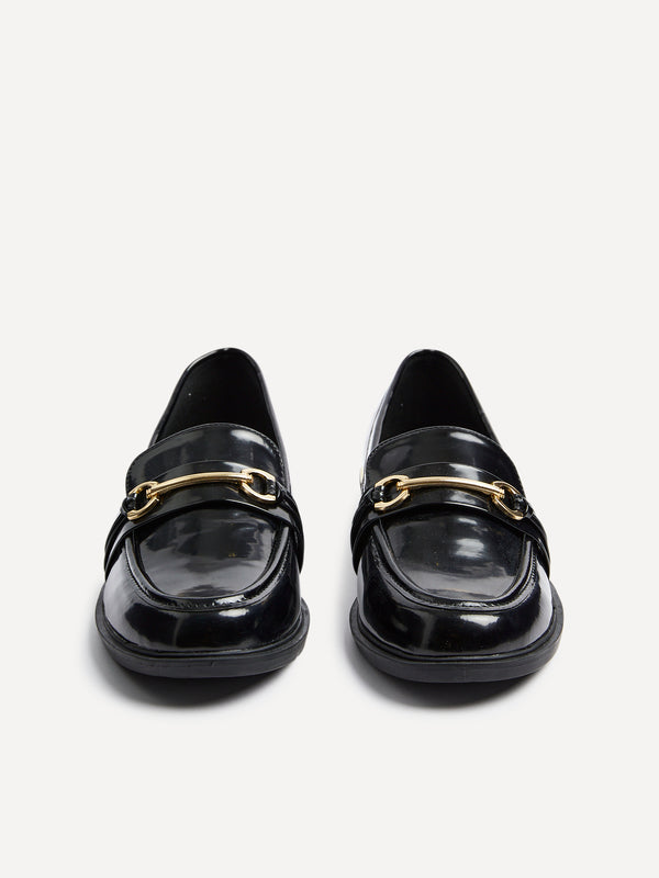 Linzi Black Faux Leather Loafer With Gold Accent