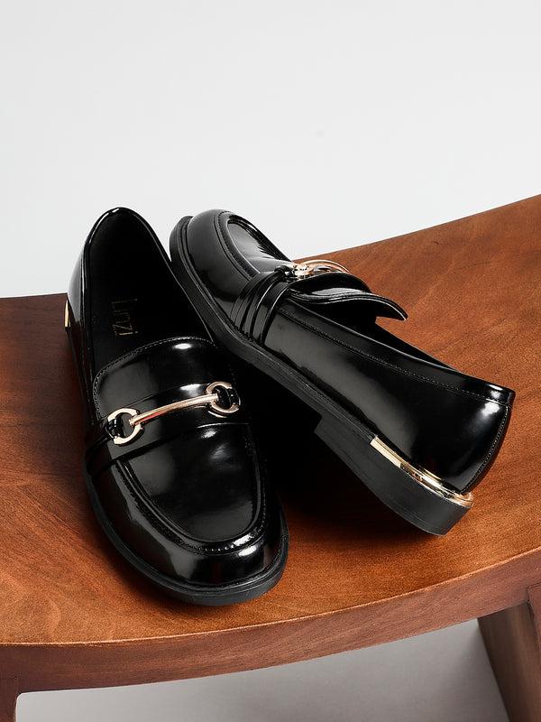 linzi Black Faux Leather Loafer With Gold Accent
