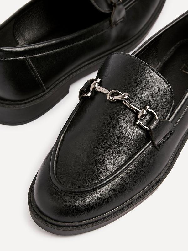 Linzi Black Faux Leather Loafer With Trim Detail