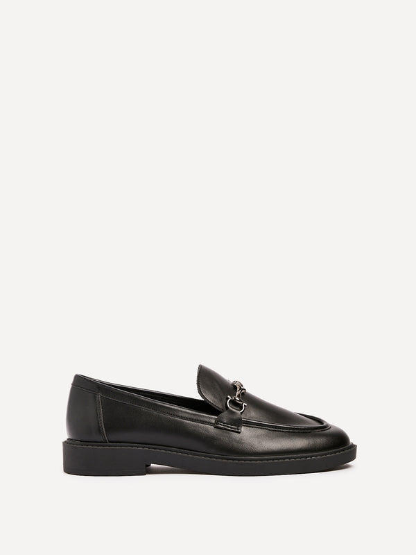 Linzi Black Faux Leather Loafer With Trim Detail