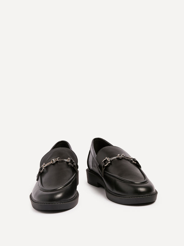 Linzi Black Faux Leather Loafer With Trim Detail