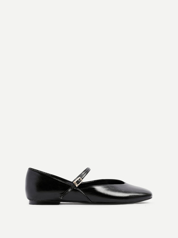Linzi Black Faux Leather Mary Jane Style Flats