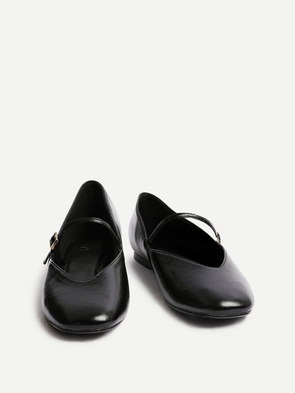 Linzi Black Faux Leather Mary Jane Style Flats