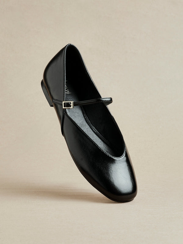 linzi Black Faux Leather Mary Jane Style Flats
