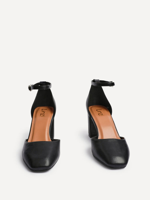 Linzi Black Faux Leather Square Toe Court Heel