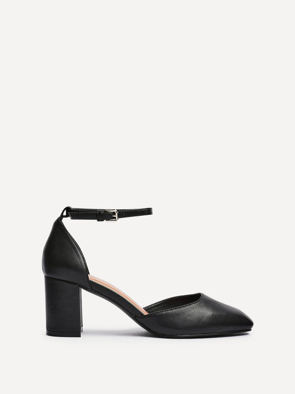 Linzi Black Faux Leather Square Toe Court Heel