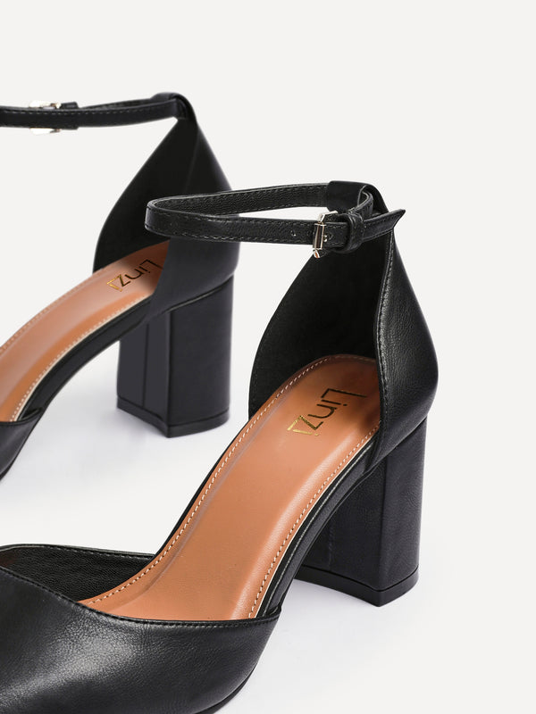Linzi Black Faux Leather Square Toe Court Heel